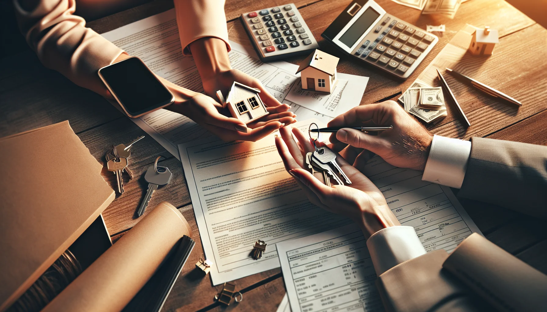 Hausschlüssel und Immobiliendokumente auf einem Tisch beim Hauskauf