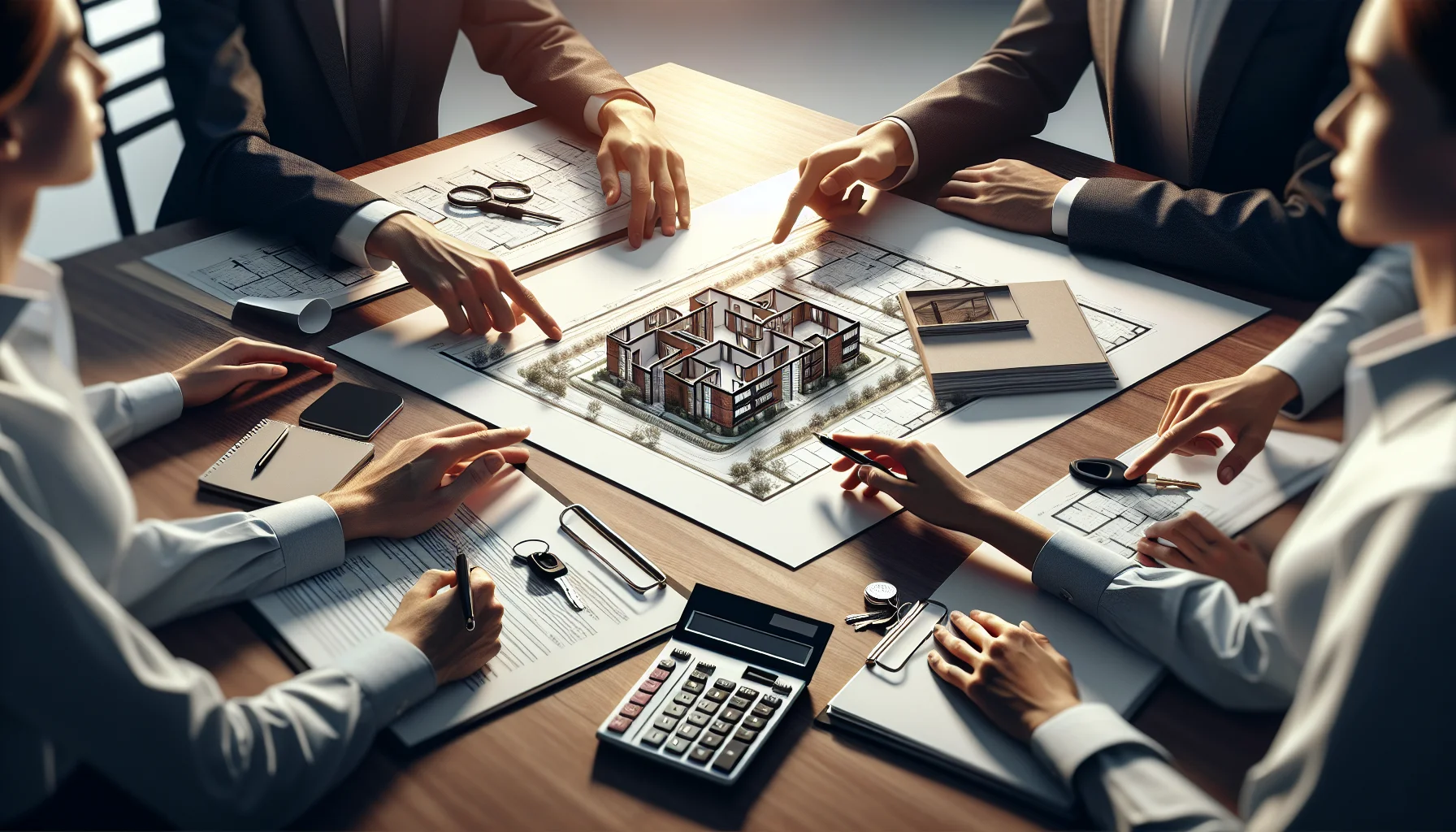 Immobilienberatung mit Grundrissen und Dokumenten beim Makler