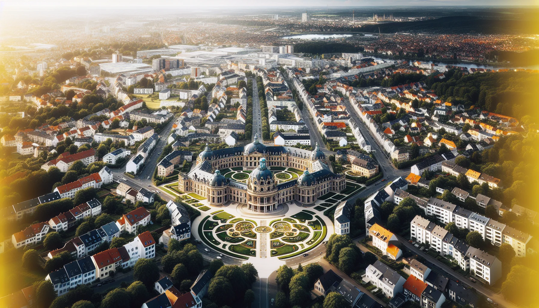 Luftaufnahme von Karlsruhe mit charakteristischer Fächerstruktur und Wohngebieten