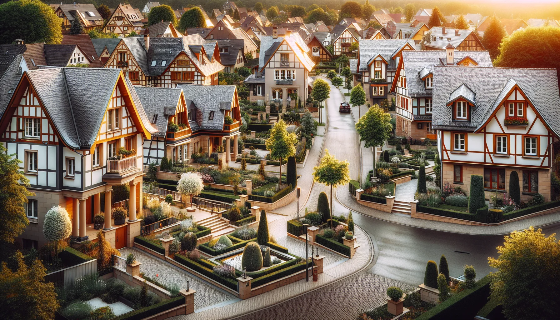 Detailansicht gepflegter Wohnhäuser in Ettlingen mit schönen Gärten