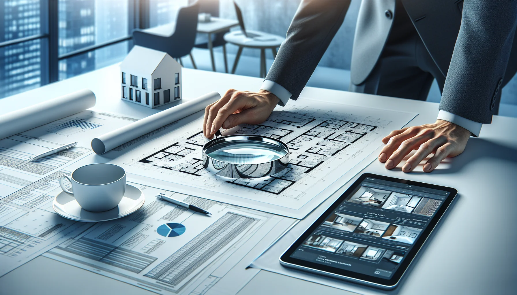 Detailaufnahme der professionellen Immobilienbewertung mit Grundrissen und Analyseunterlagen