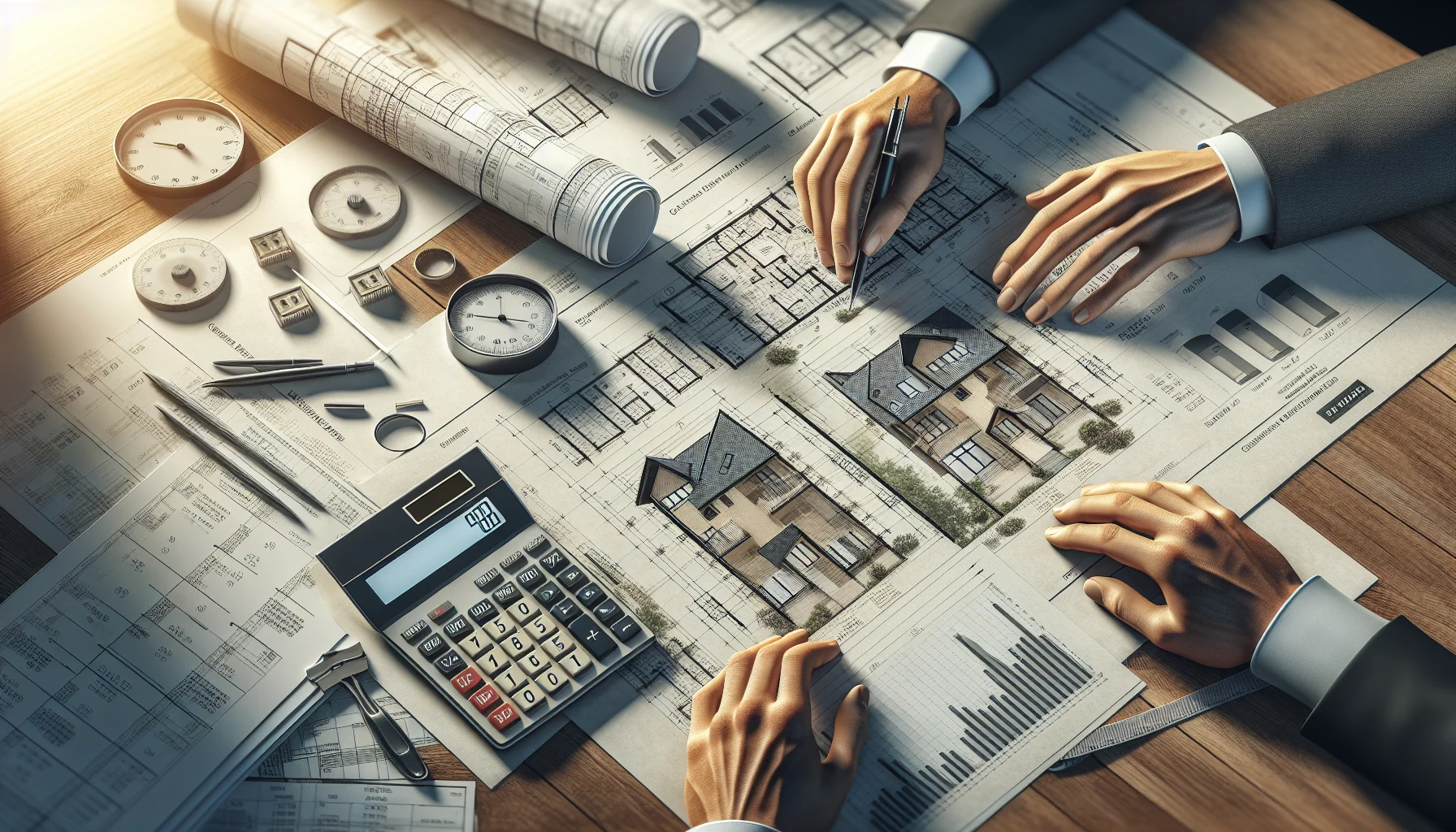 Detailaufnahme einer Immobilienbewertung mit Unterlagen und Berechnungen