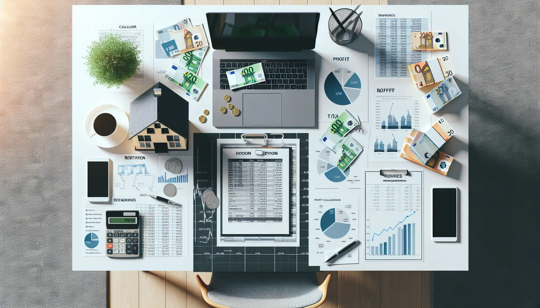 Finanzplanung für Immobilienvermietung mit Taschenrechner, Geldscheinen und Gewinnberechnungen