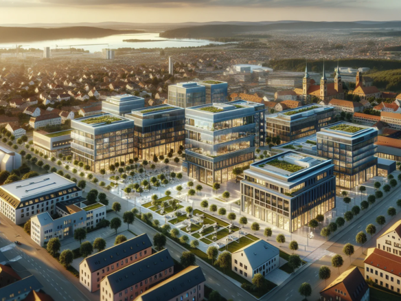 Gewerbeimmobilien in Rastatt - moderne Bürogebäude und Gewerbeflächen aus der Vogelperspektive