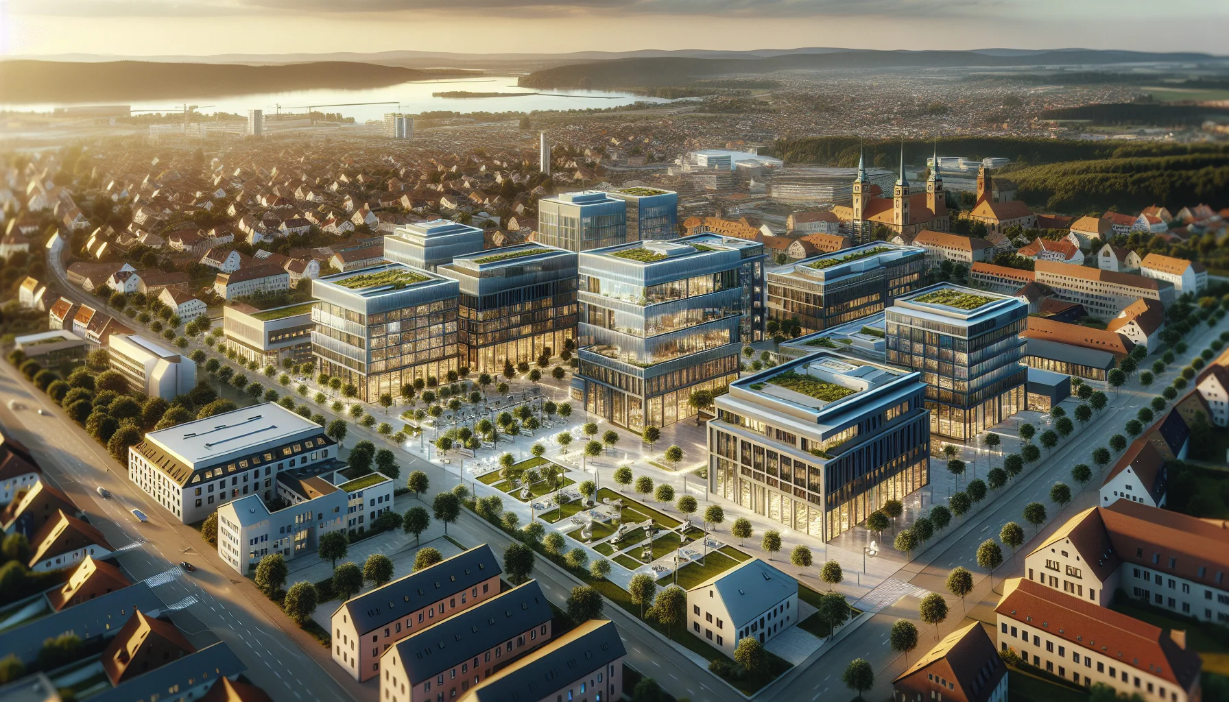 Gewerbeimmobilien in Rastatt - moderne Bürogebäude und Gewerbeflächen aus der Vogelperspektive