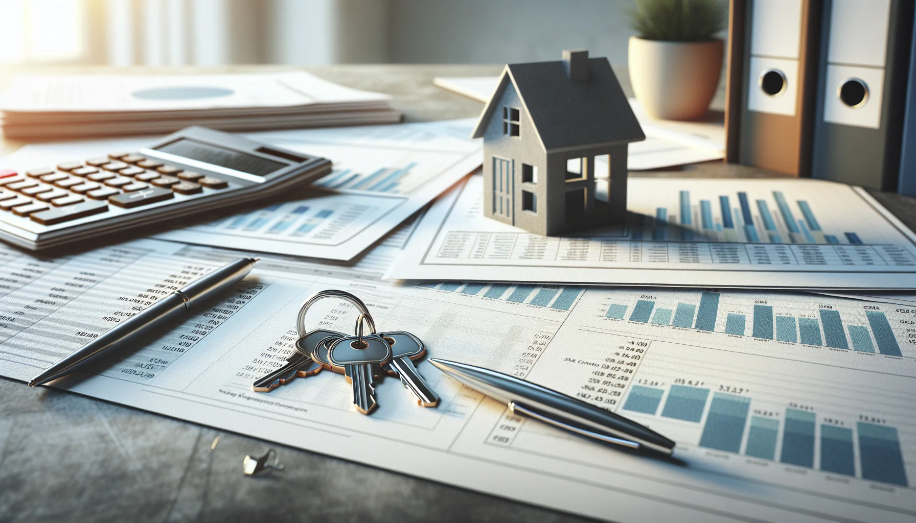 Hausschlüssel auf Immobiliendokumenten mit Preisdiagrammen und Taschenrechner