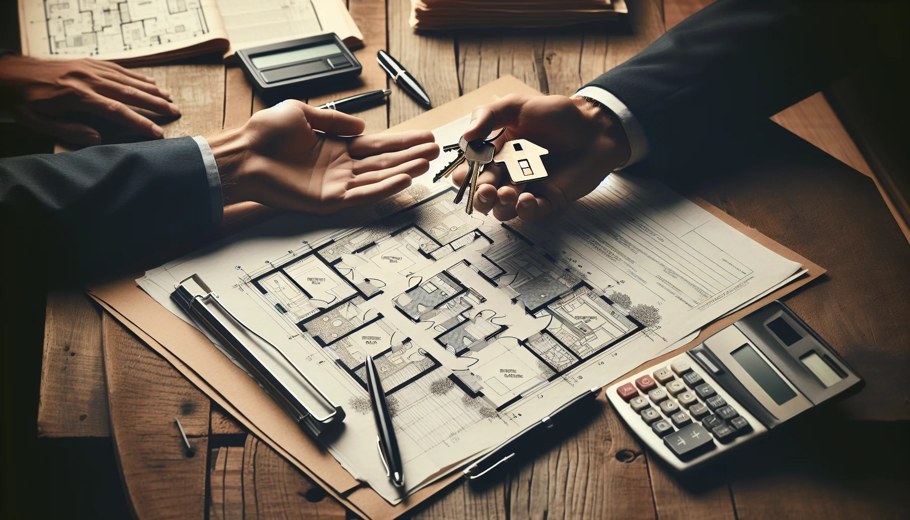 Hausschlüssel über Immobiliendokumenten und Bauplänen auf einem Schreibtisch