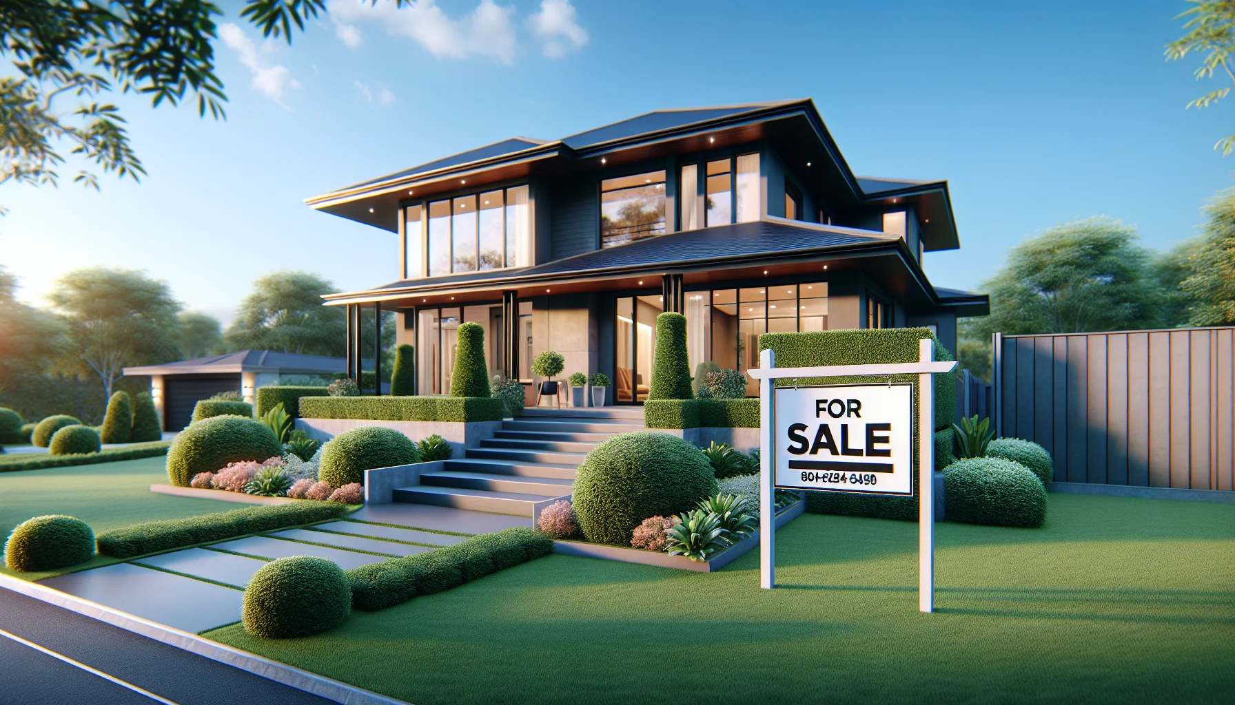 Immobilie verkaufen - Haus mit Verkaufsschild im Vorgarten