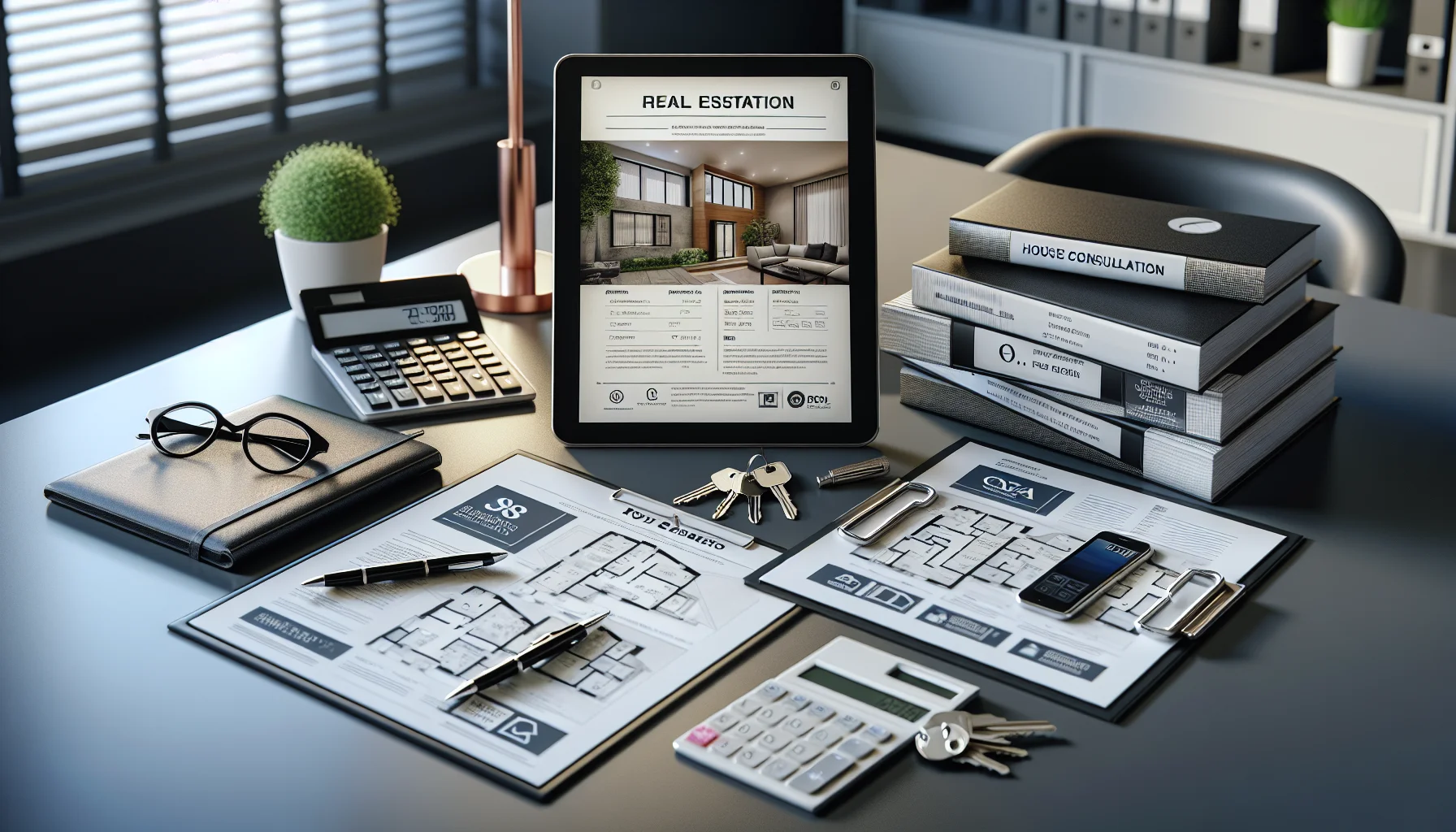 Immobilienberatung mit Unterlagen, Schlüsseln und Grundrissen auf einem Schreibtisch