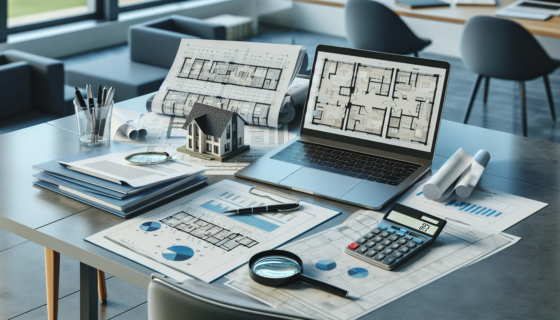 Immobilienbewertung Arbeitsplatz mit Dokumenten und Bewertungsunterlagen