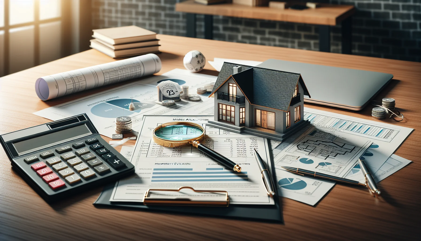 Immobilienbewertung mit Unterlagen und Taschenrechner auf Schreibtisch