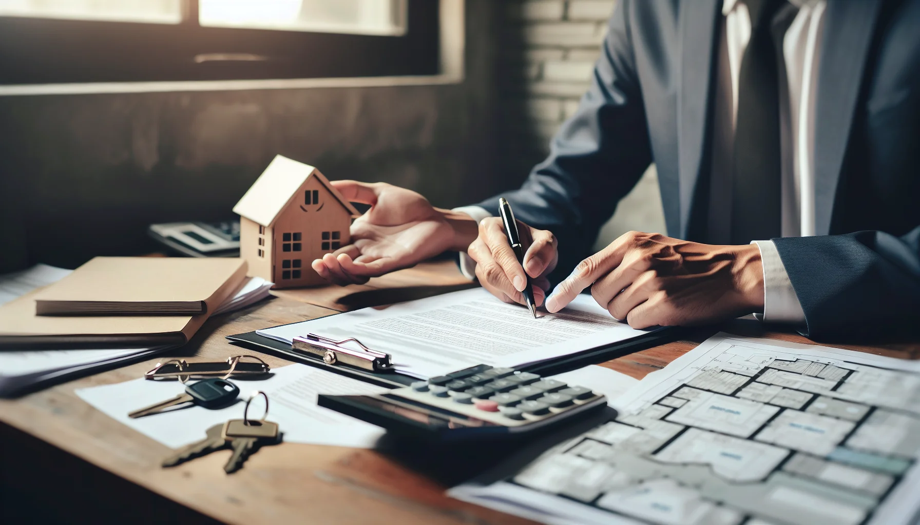 Immobiliendokumente und Unterlagen für Wohnungsverkauf auf Schreibtisch