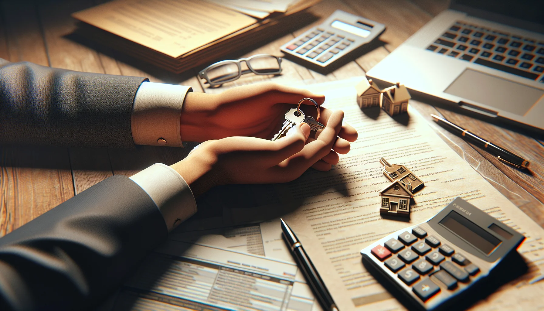 Immobilienverkauf Dokumente und Hausschlüssel auf Schreibtisch