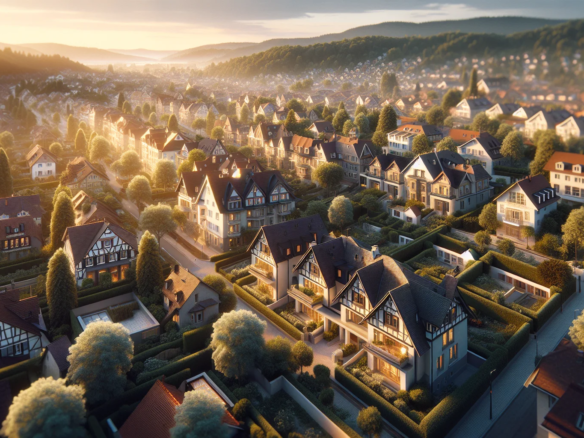 Luftaufnahme von Ettlingen mit Wohnhäusern und Immobilien zwischen Schwarzwald und Rheinebene