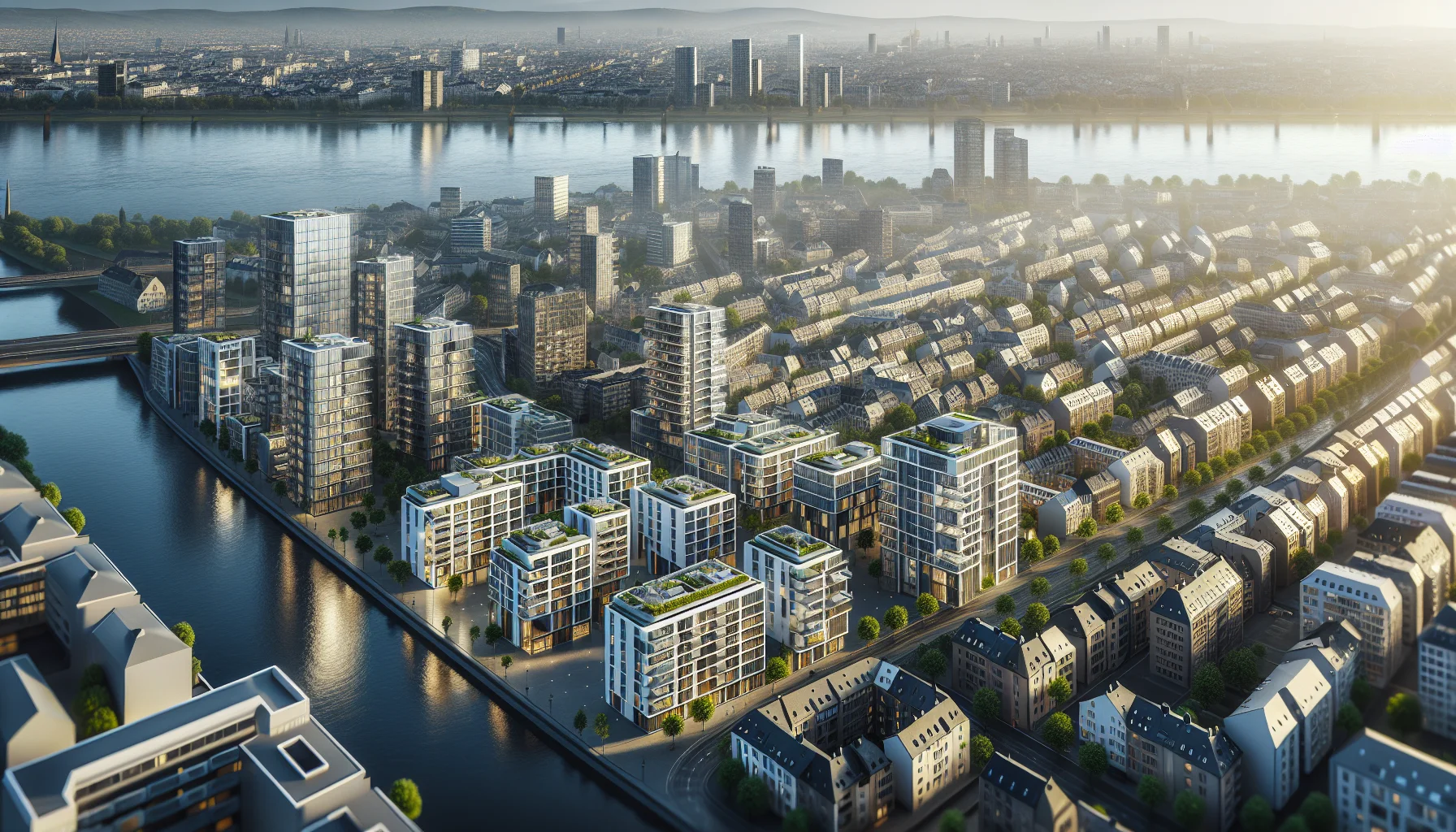 Luftaufnahme von Karlsruhe mit modernen Wohngebäuden und Rhein im Hintergrund