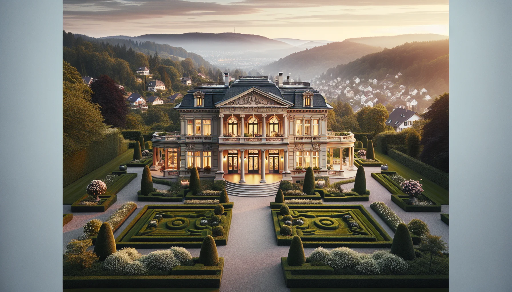 Luxusvilla in Baden-Baden mit klassischer Architektur und Schwarzwald im Hintergrund