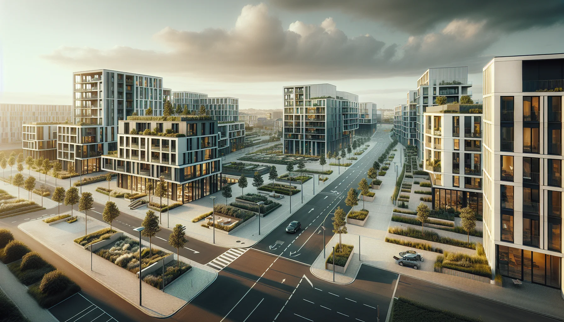 Moderne Wohnsiedlung in Karlsruhe mit zeitgenössischen Wohngebäuden und Familienhäusern