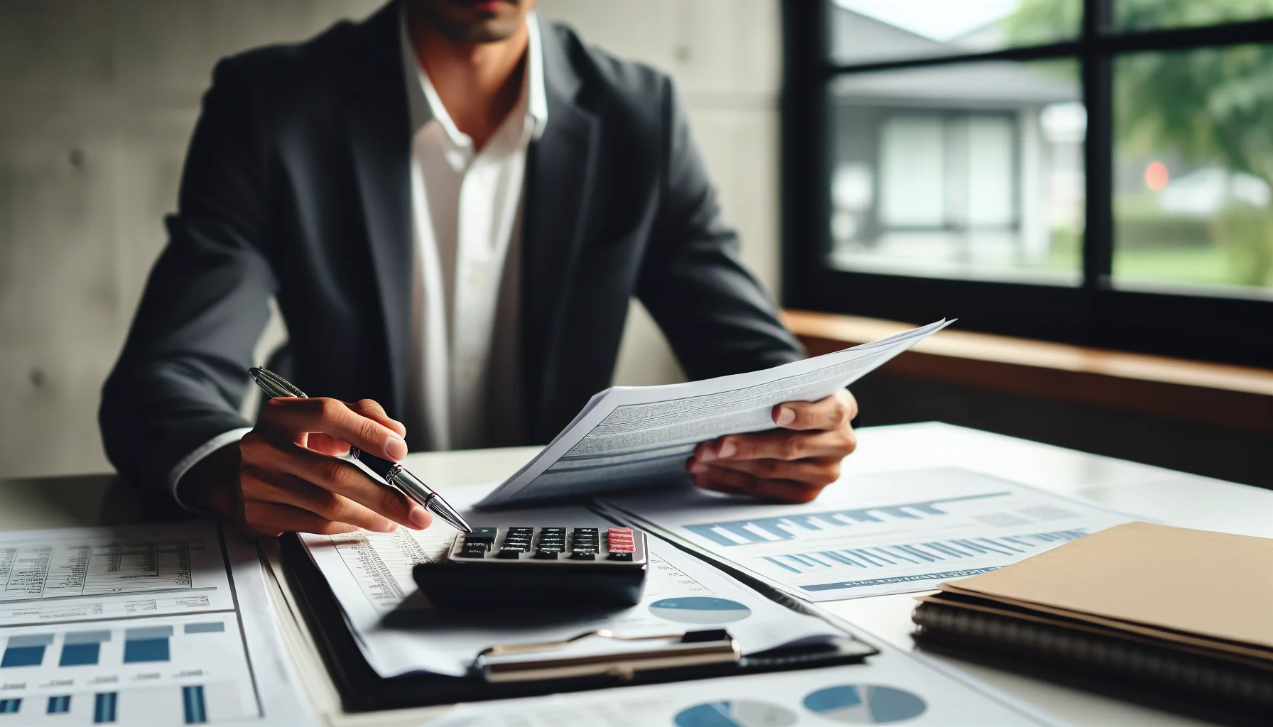 Professionelle Immobilienbewertung mit Dokumenten und Taschenrechner