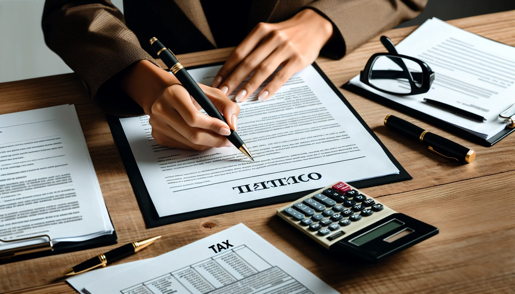 Unterzeichnung eines Mietvertrags mit Dokumenten und Taschenrechner auf Schreibtisch