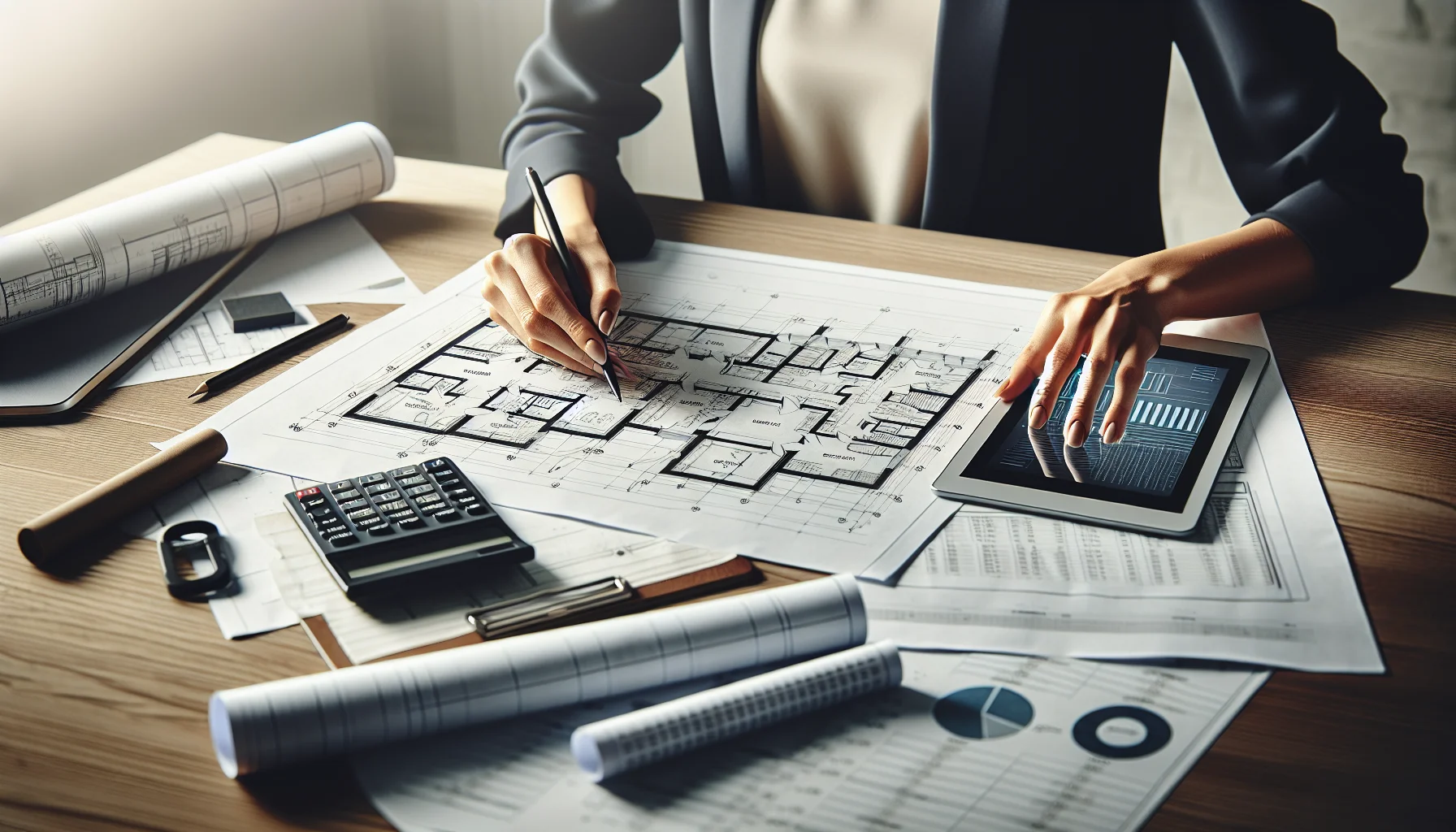 Detailaufnahme der Immobilienbewertung mit Unterlagen und Tablet