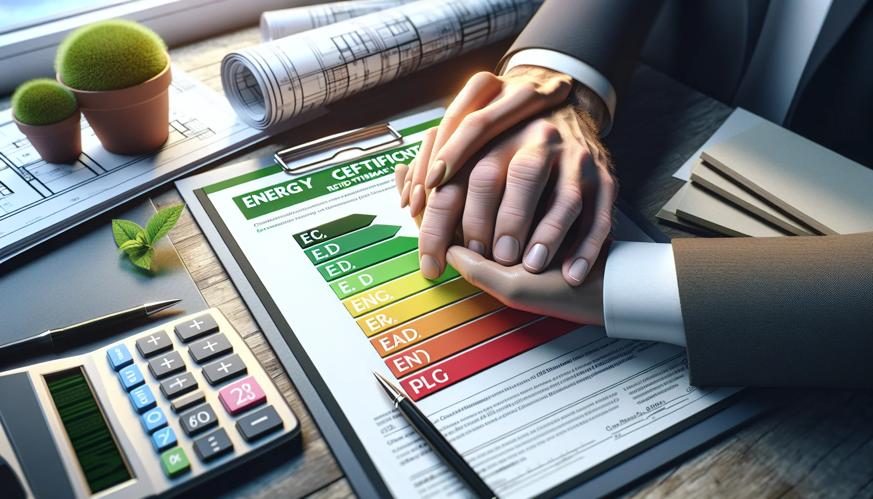 Energieausweis-Dokument mit Effizienzskala in den Händen eines Immobilienexperten
