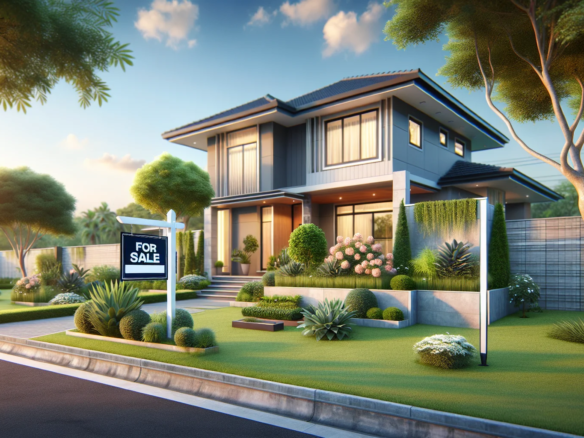 Haus zum Verkauf mit Verkaufsschild im Vorgarten