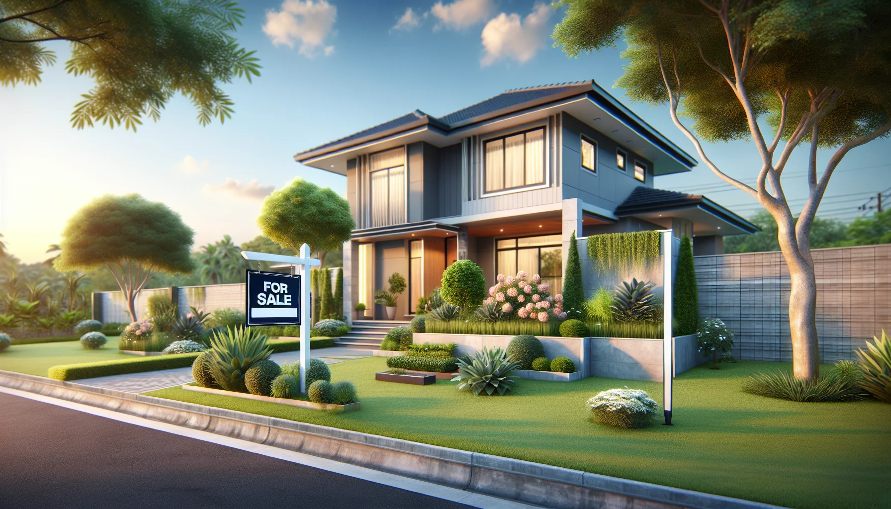 Haus zum Verkauf mit Verkaufsschild im Vorgarten