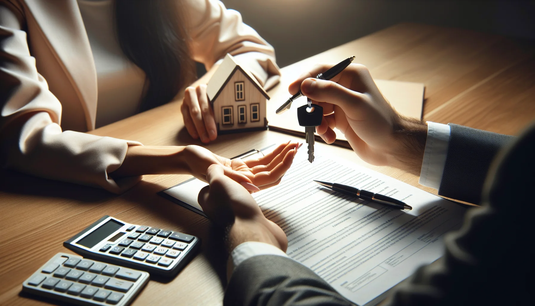 Hausschlüssel und Immobilien-Verkaufsunterlagen auf einem Schreibtisch