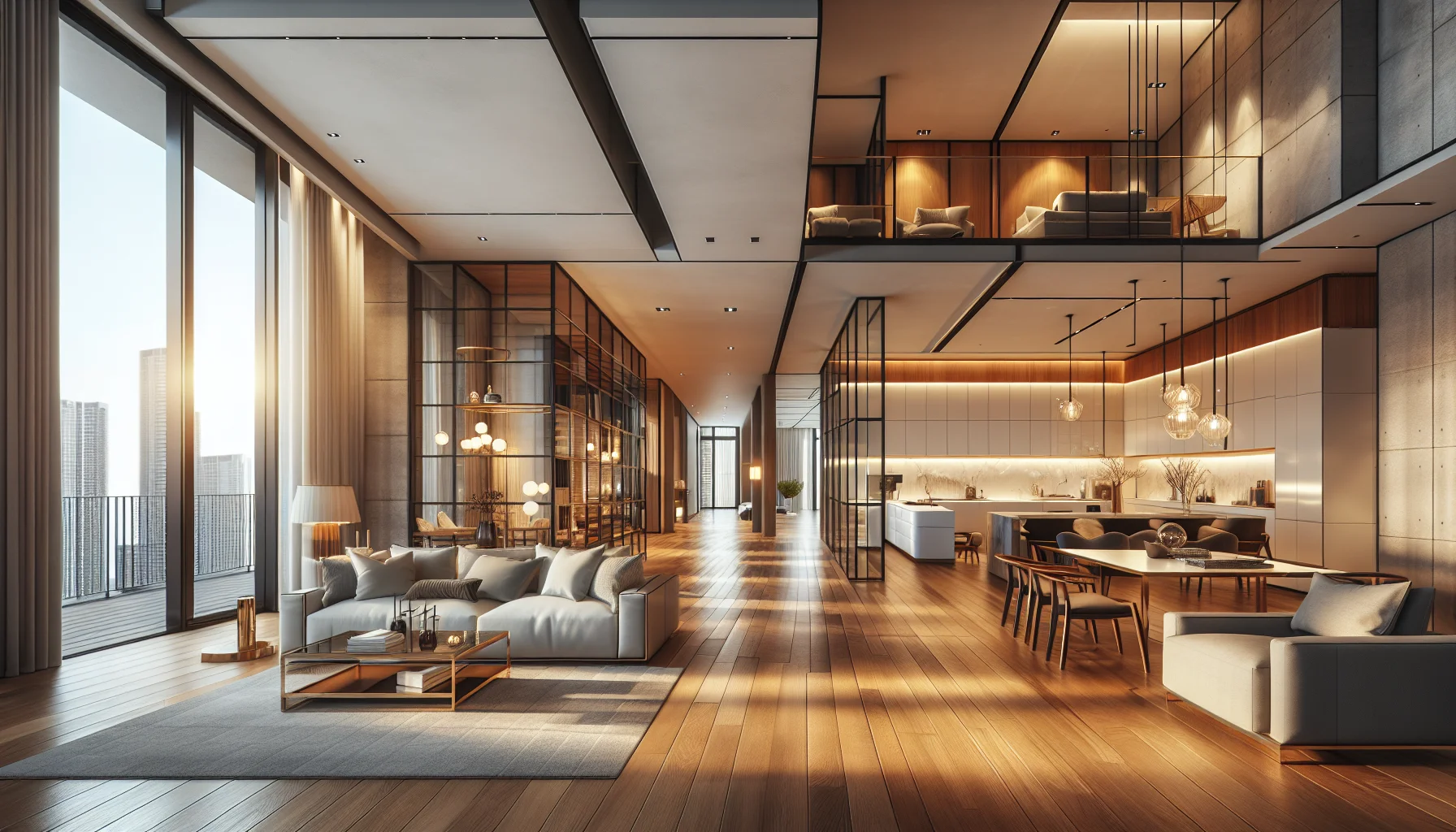 Helle moderne Wohnung mit offenem Grundriss und großen Fenstern