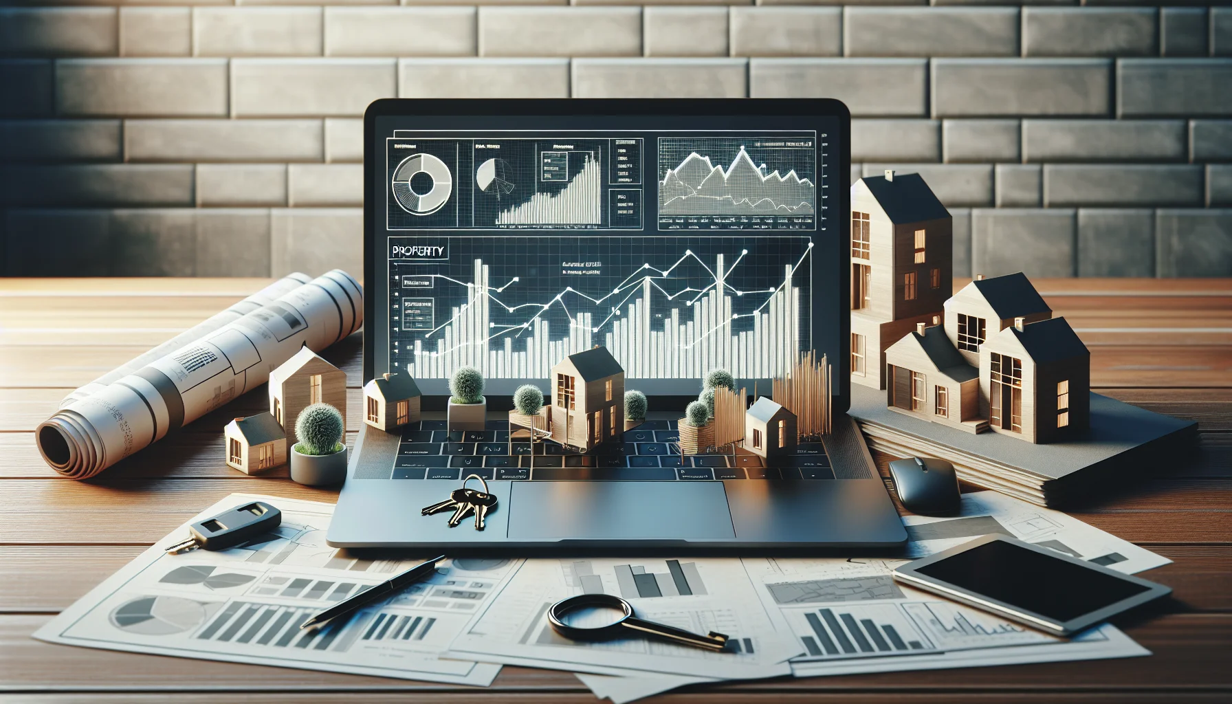 Immobilienanalyse mit Laptop, Diagrammen und Hausschlüsseln auf Schreibtisch