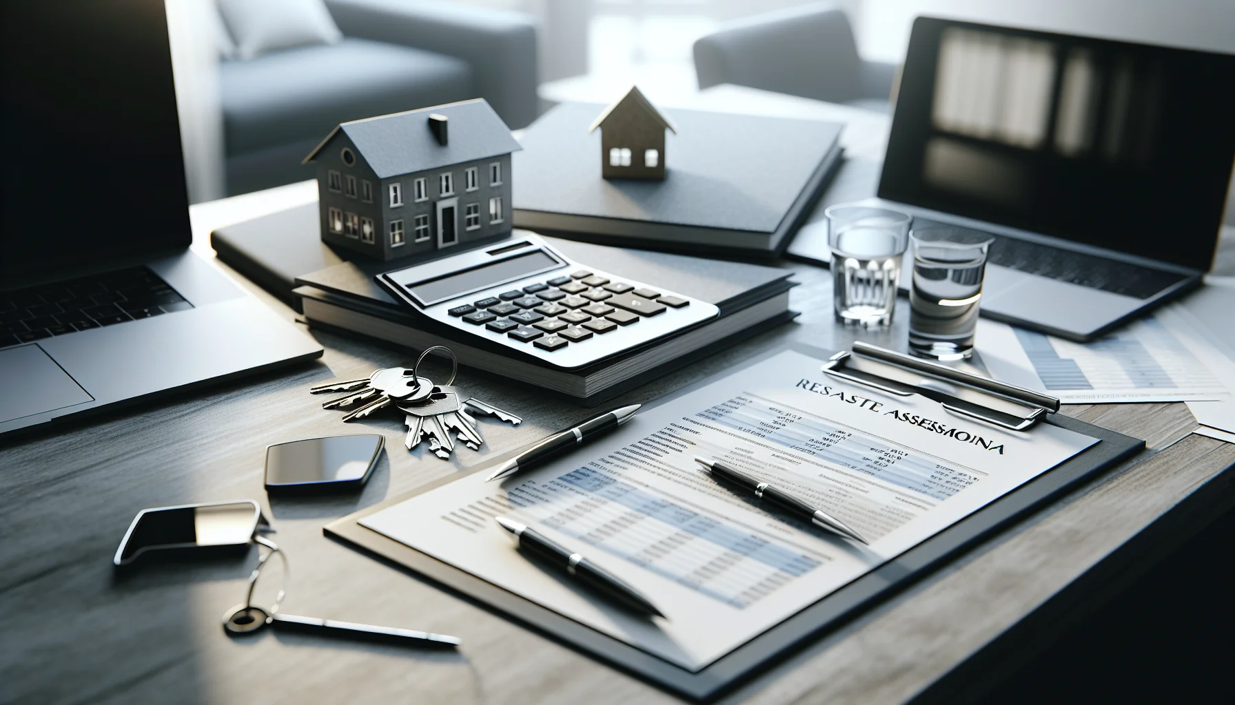 Immobilienbewertung mit Dokumenten und Hausschlüsseln auf einem Schreibtisch