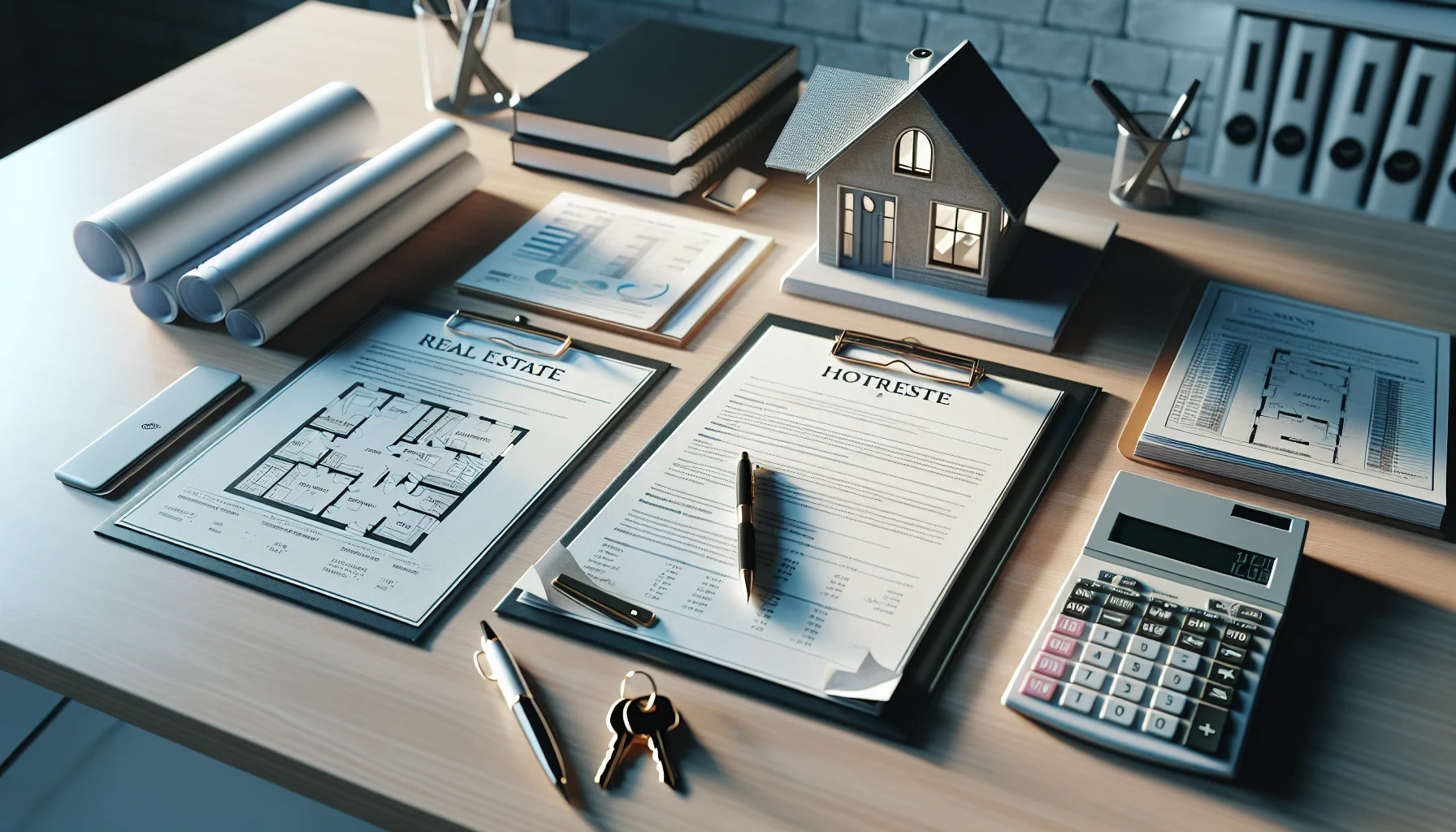 Immobiliendokumente und Unterlagen für Hausverkauf auf Schreibtisch