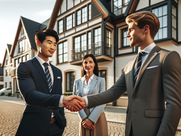 Immobilienmakler in Rastatt beim professionellen Beratungsgespräch vor modernem Wohngebäude