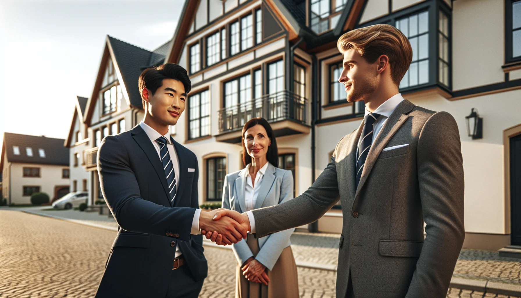 Immobilienmakler in Rastatt beim professionellen Beratungsgespräch vor modernem Wohngebäude