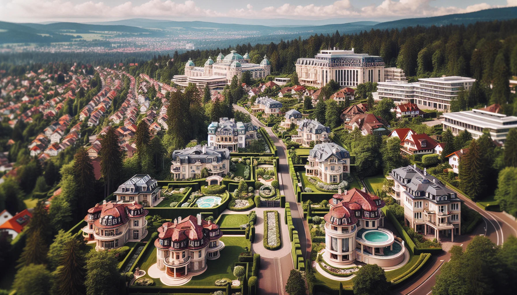 Luftaufnahme des Luxusimmobilienmarkts in Baden-Baden mit Villen und Schwarzwald