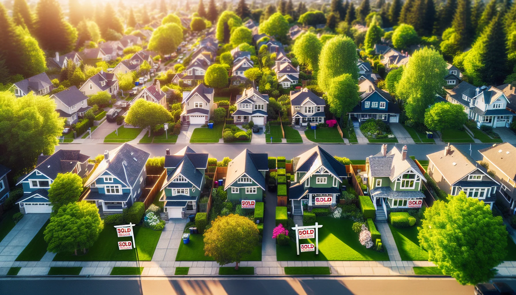 Luftaufnahme eines erfolgreichen Wohnviertels mit verkauften Immobilien