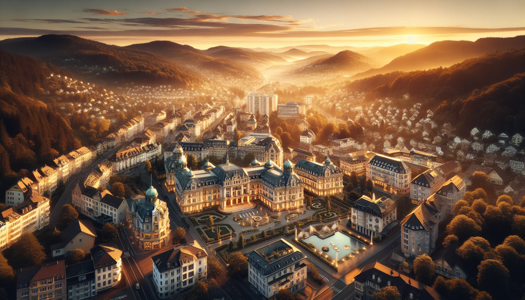 Luftaufnahme von Baden-Baden mit historischen Gebäuden und Wohnvierteln
