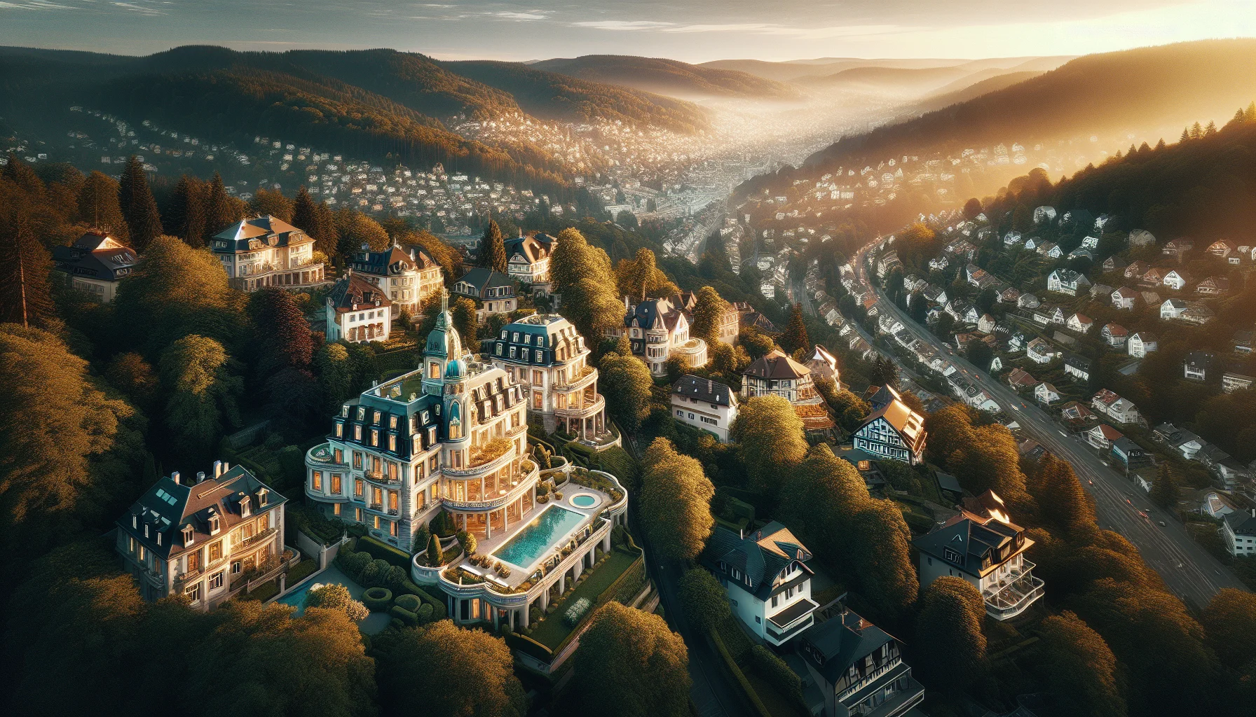 Luftaufnahme von Baden-Baden mit Wohngebieten und Villen im Schwarzwald