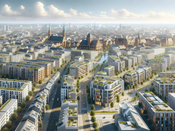 Luftaufnahme von Karlsruhe mit modernen Wohngebäuden und charakteristischem Fächergrundriss