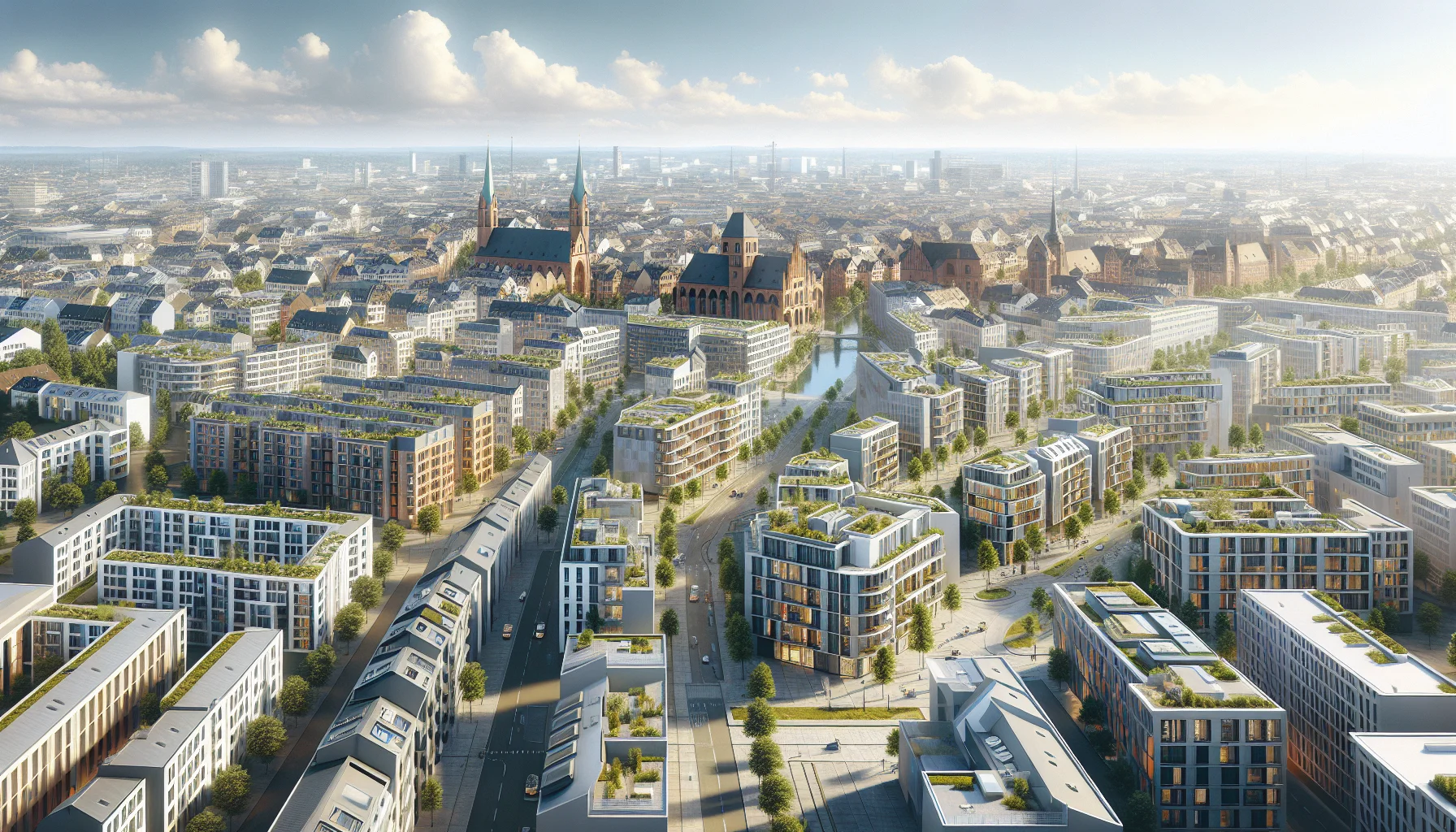 Luftaufnahme von Karlsruhe mit modernen Wohngebäuden und charakteristischem Fächergrundriss