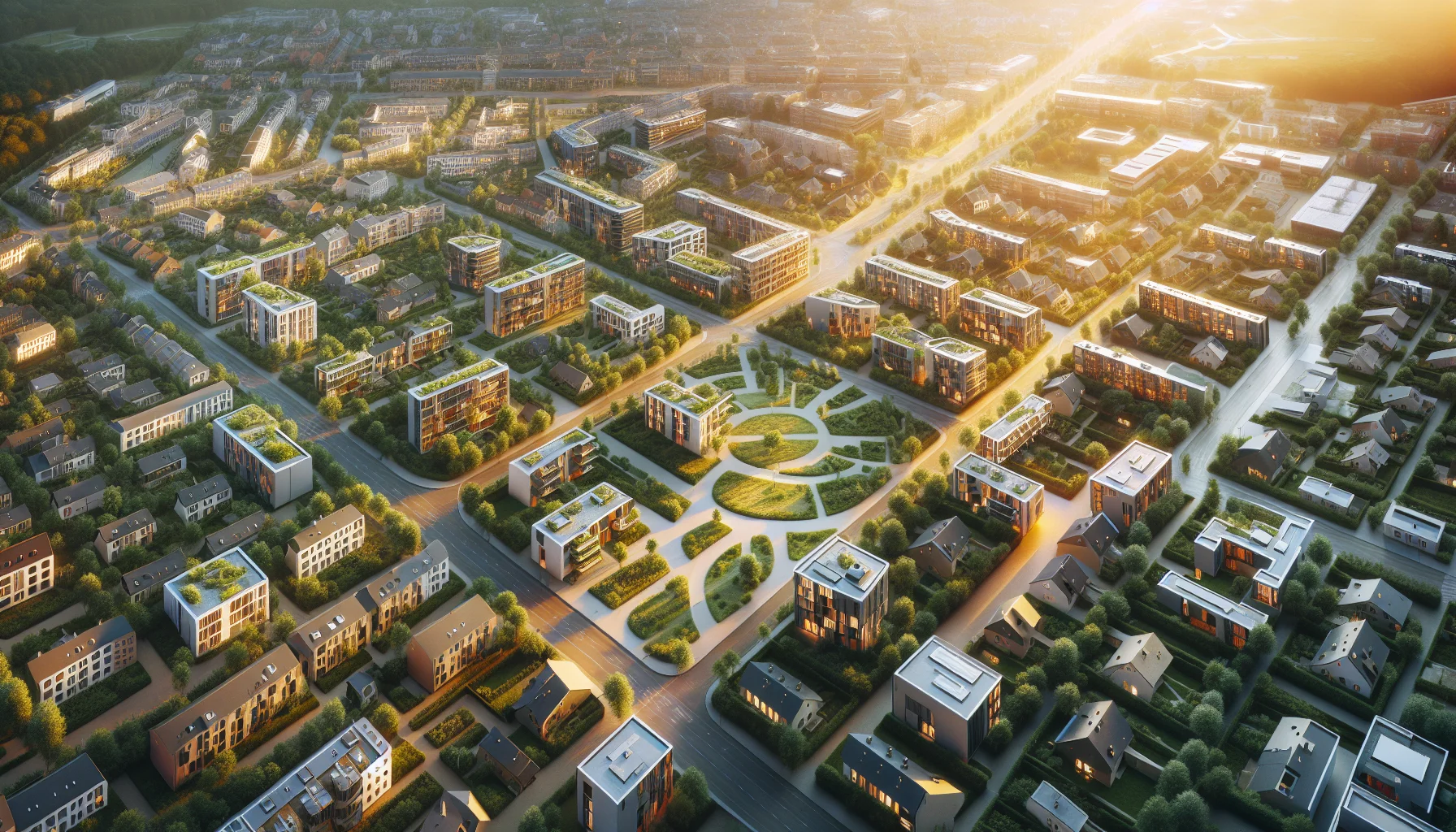 Luftaufnahme von Karlsruher Wohngebiet mit verschiedenen Immobilientypen