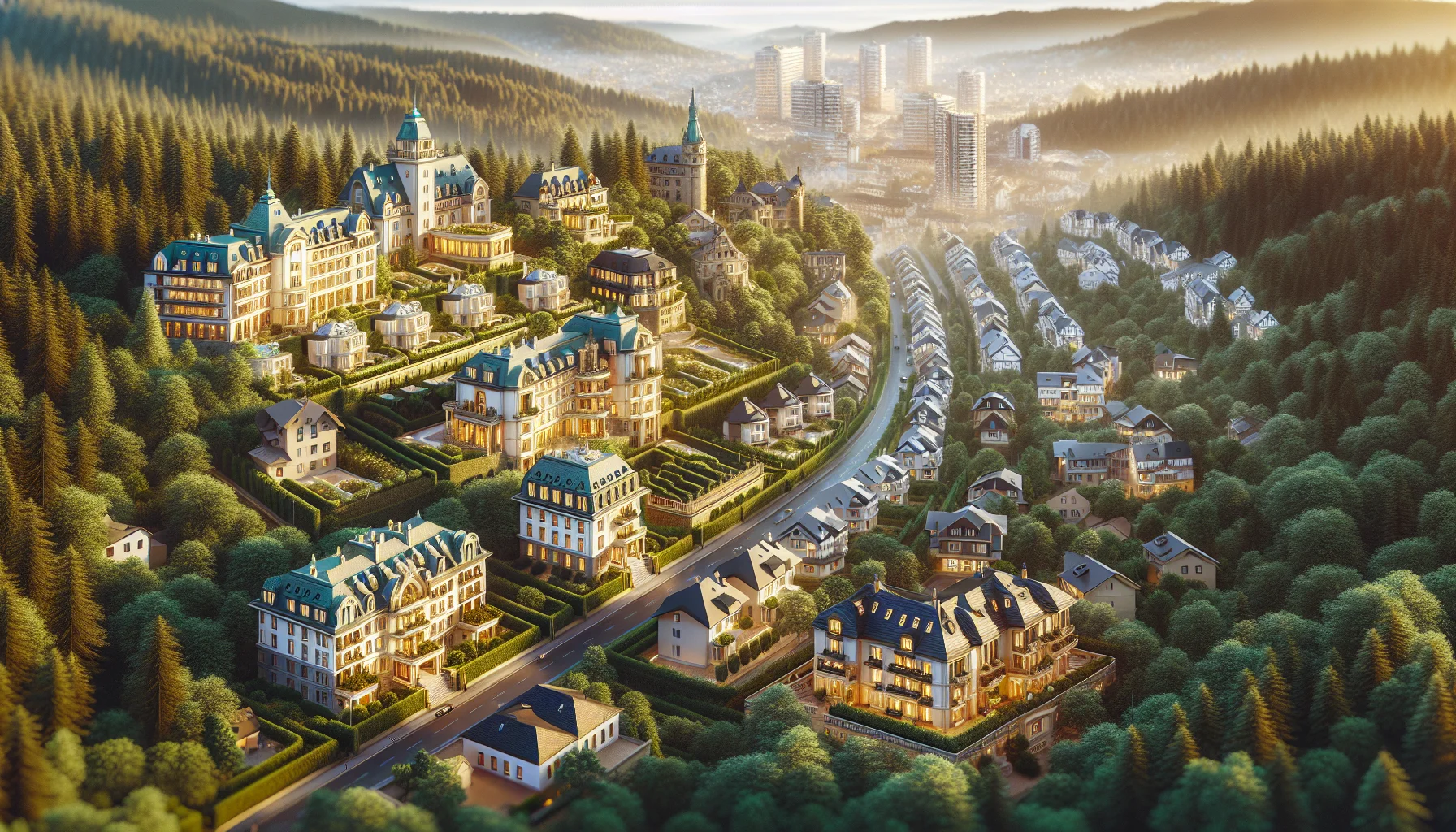 Luxusvillen in Baden-Baden aus der Vogelperspektive mit Blick auf exklusive Wohnlagen