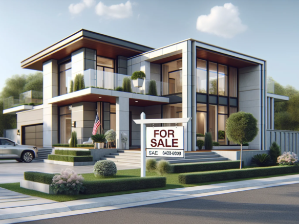 Modernes Einfamilienhaus mit Verkaufsschild im Vorgarten