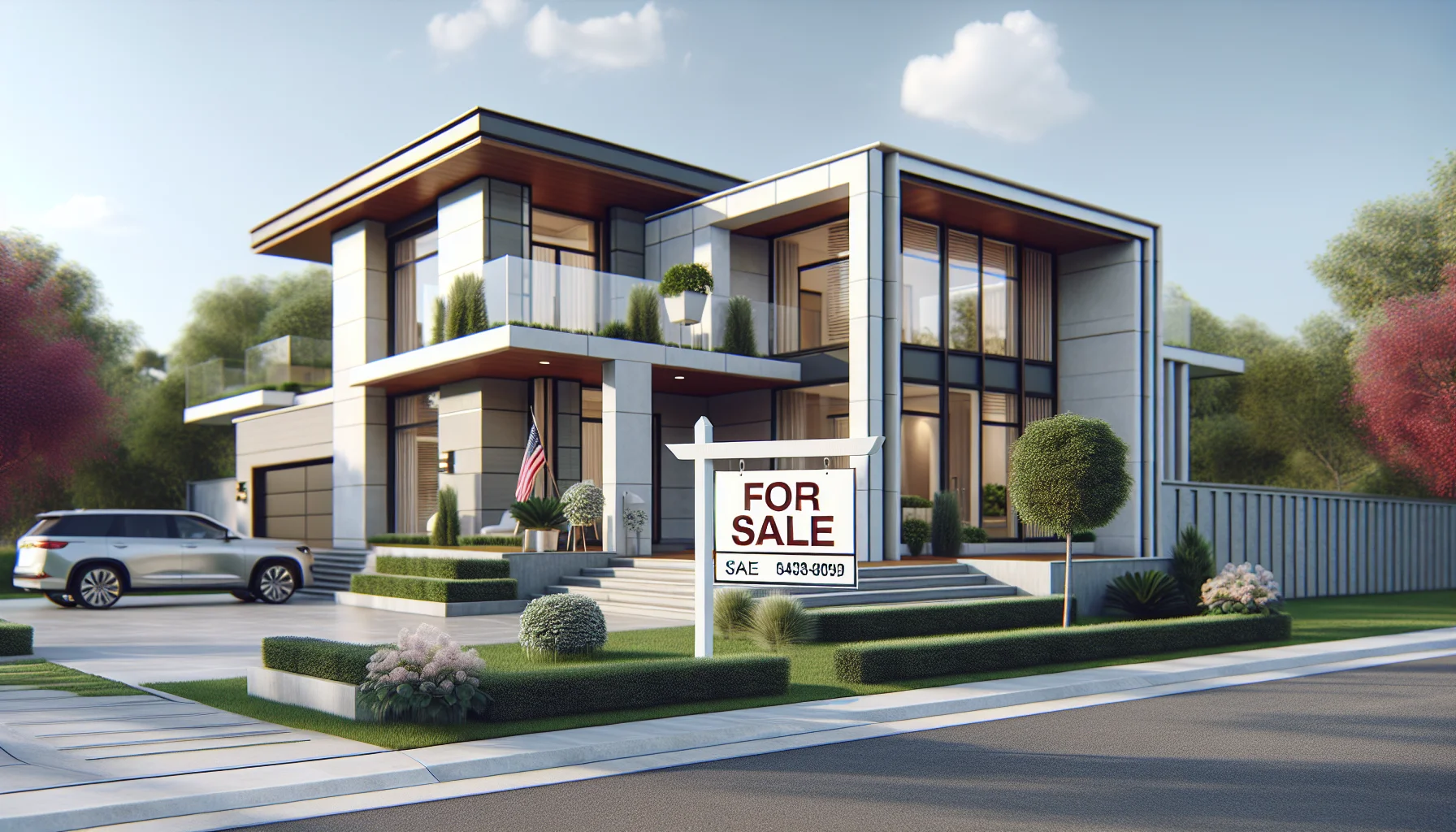 Modernes Einfamilienhaus mit Verkaufsschild im Vorgarten