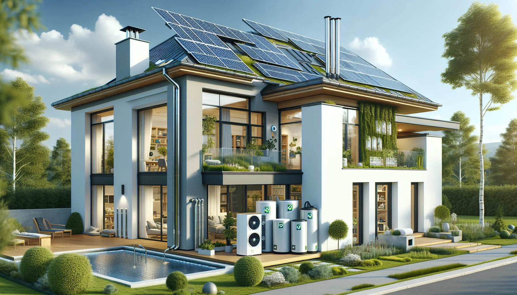 Modernes energieeffizientes Haus mit Solarpanels und Wärmedämmung für Energieausweis