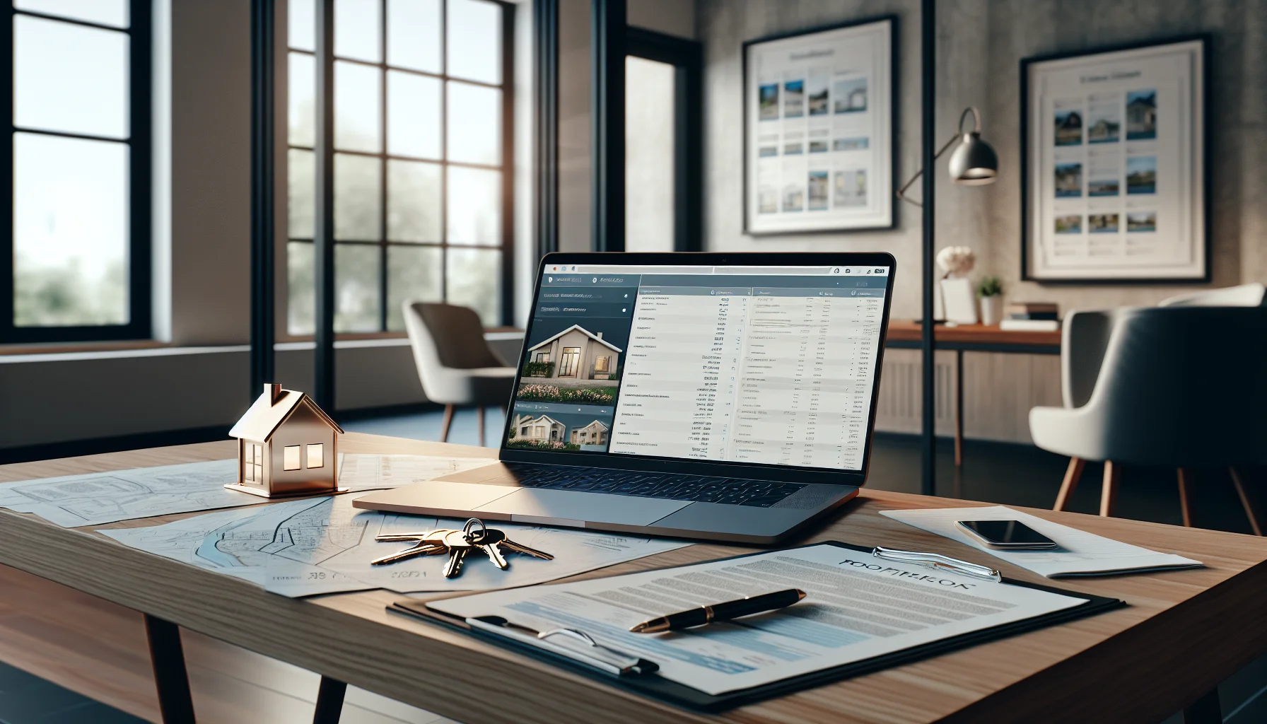 Professionelle Immobilienberatung mit Unterlagen, Schlüsseln und Laptop auf Schreibtisch