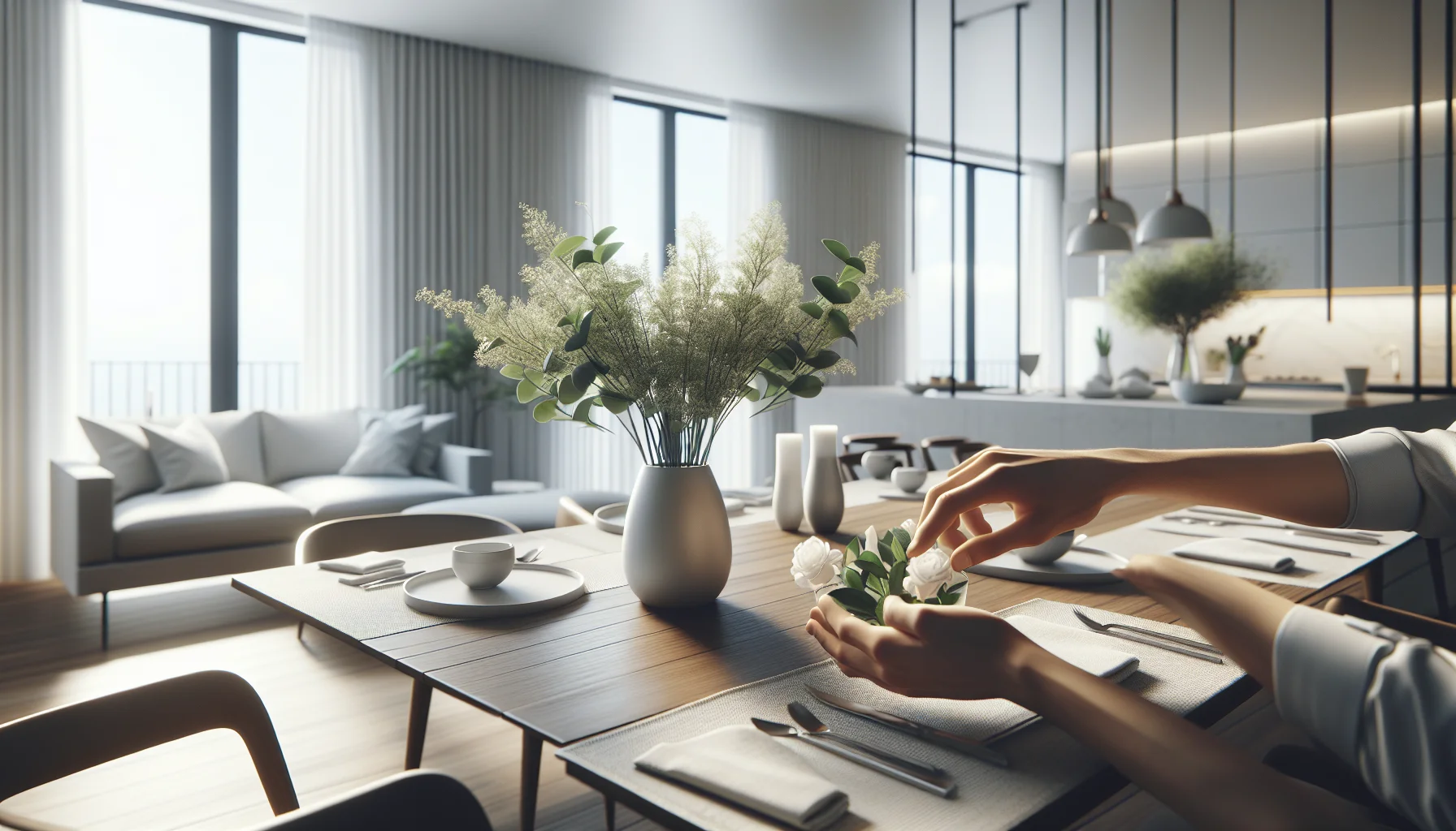 Professionelles Home Staging mit frischen Blumen auf Esstisch