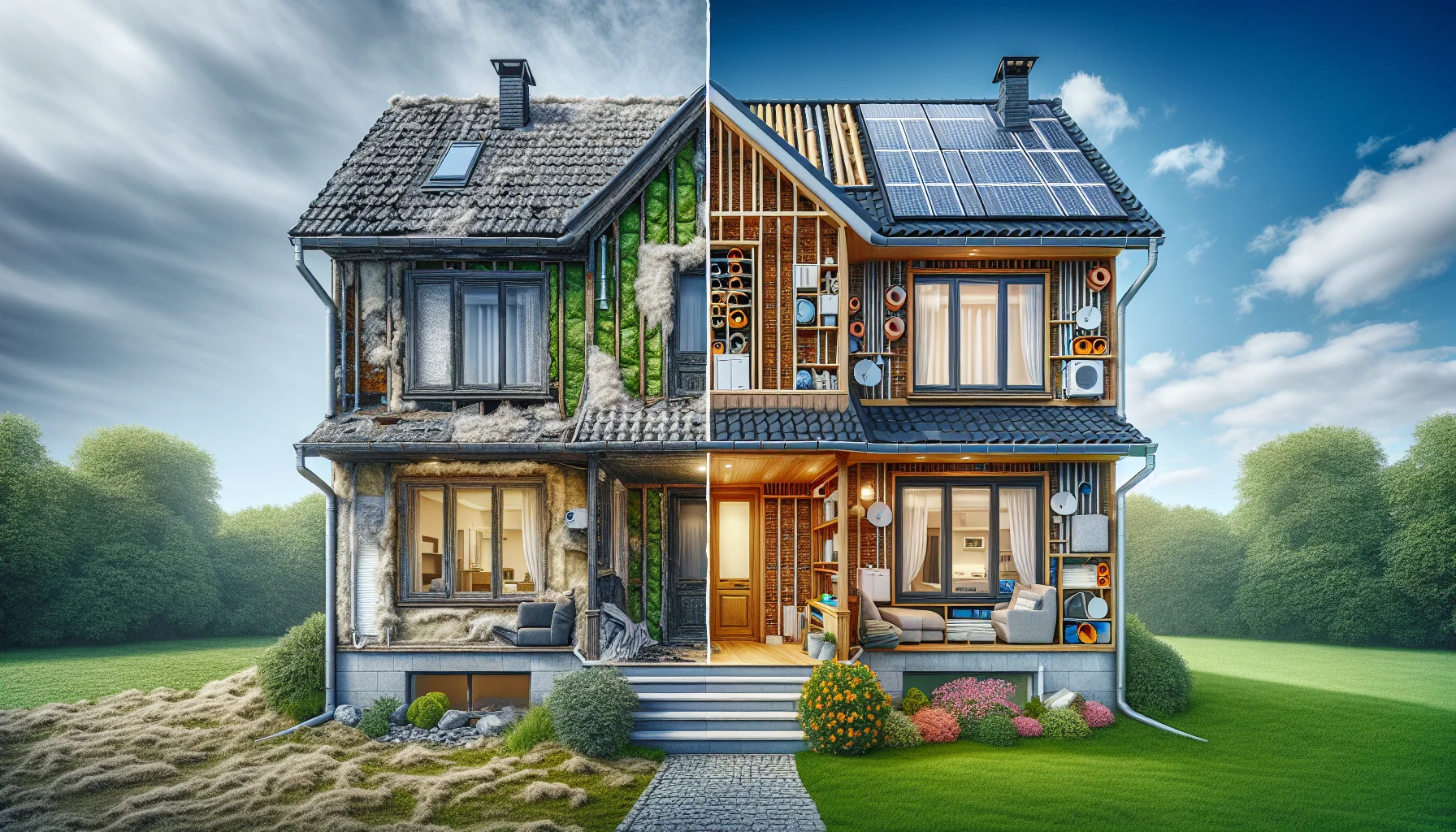 Vorher-Nachher-Vergleich einer energetischen Gebäudesanierung