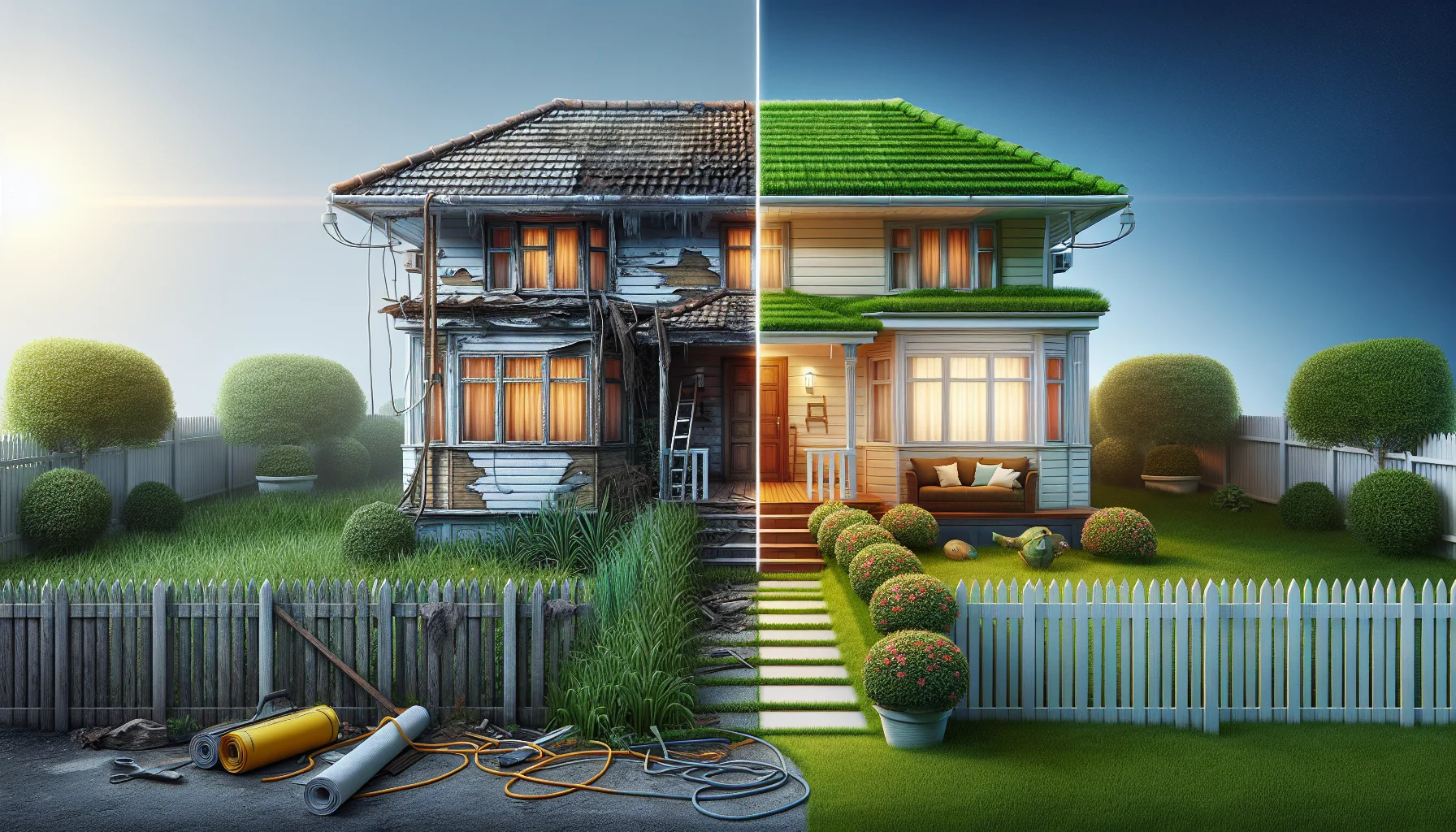 Vorher-Nachher Vergleich einer Hausrenovierung für den Verkauf