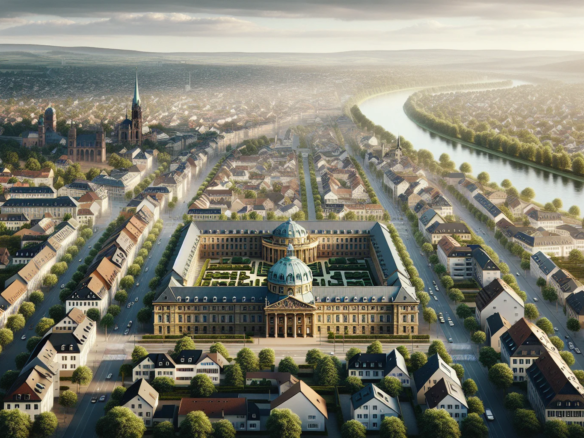 Luftaufnahme von Karlsruhe mit charakteristischem Fächergrundriss und Wohnvierteln